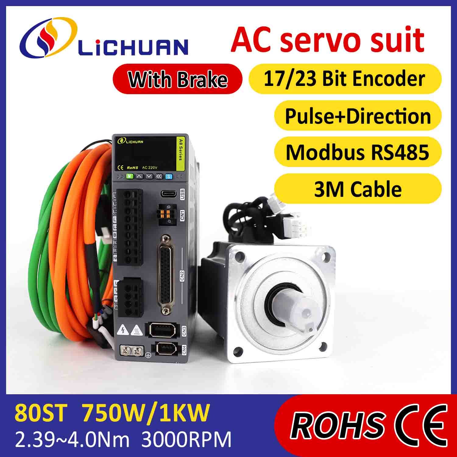 Lichuan AC Servo Motor Drivers Kit A8 High Accuracy STO ABZ 750W 0,75KW 2,39N.m 220V 4,5A 2500/3000RPM IP65