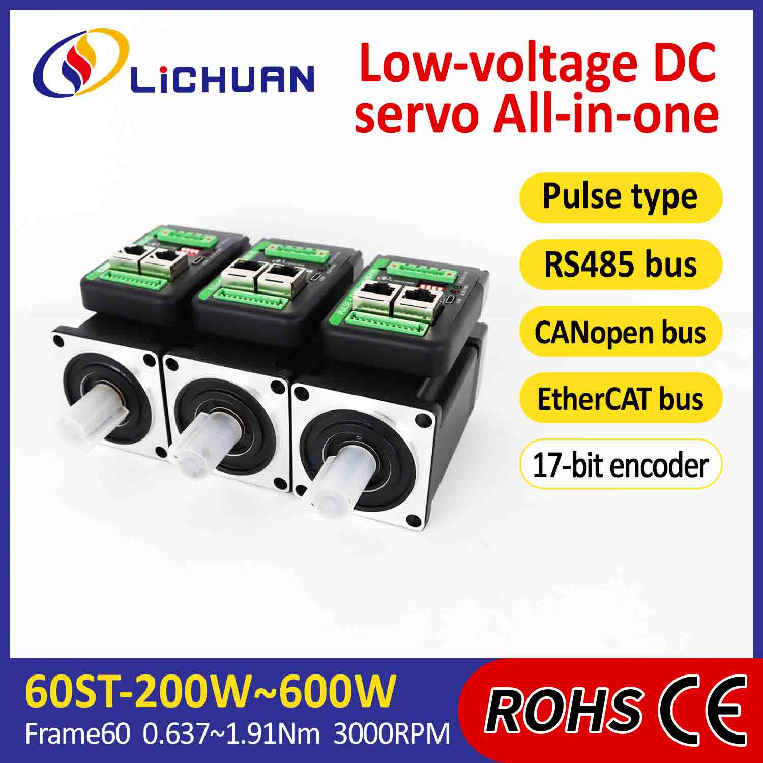 Lichuan Integrated Servo Motors Driver σχήματος L 600W 1.91N.m DC24/48V 6.0/10/12/15A 3000RPM IP65