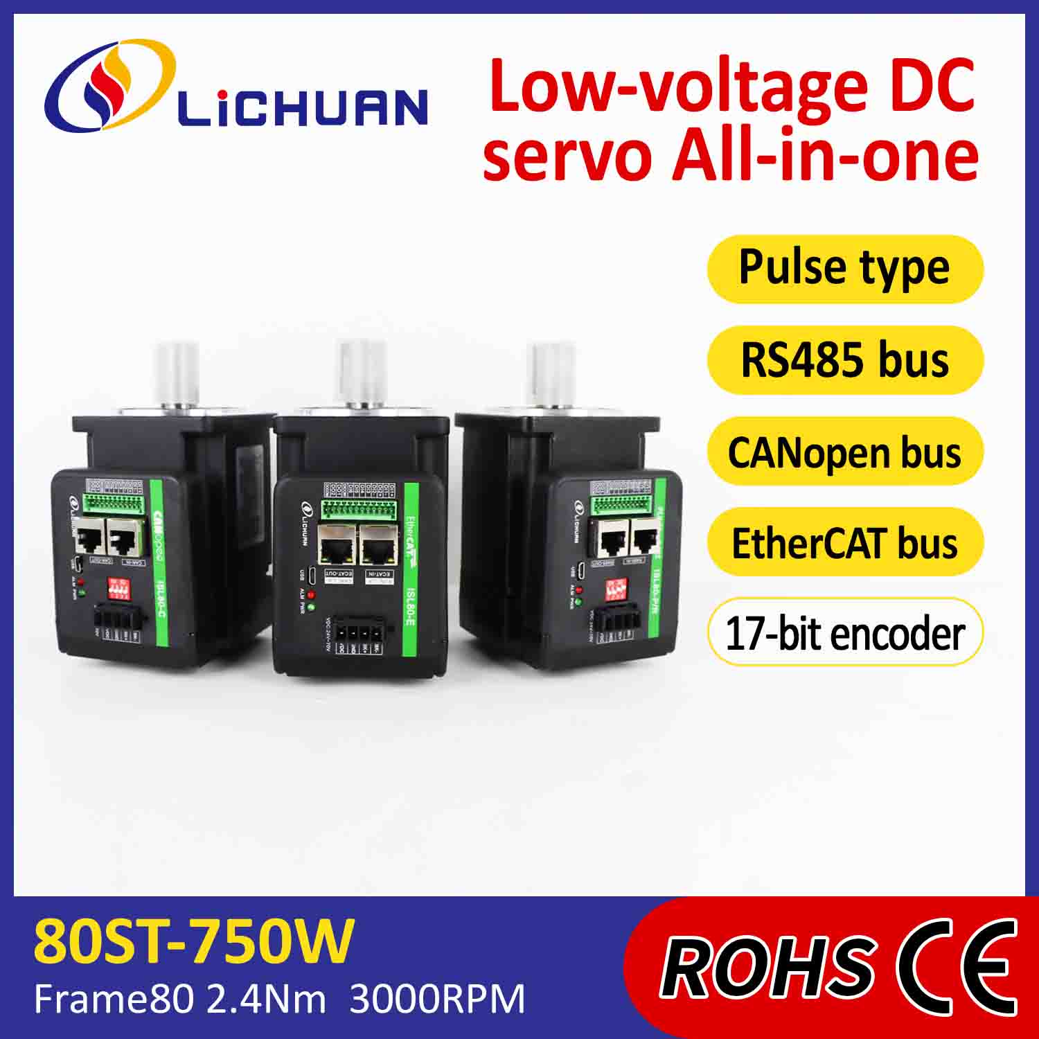 Lichuan Integrated Servo Motors Driver σχήματος L 750W 2.4N.m DC48V 20A 3000RPM IP65