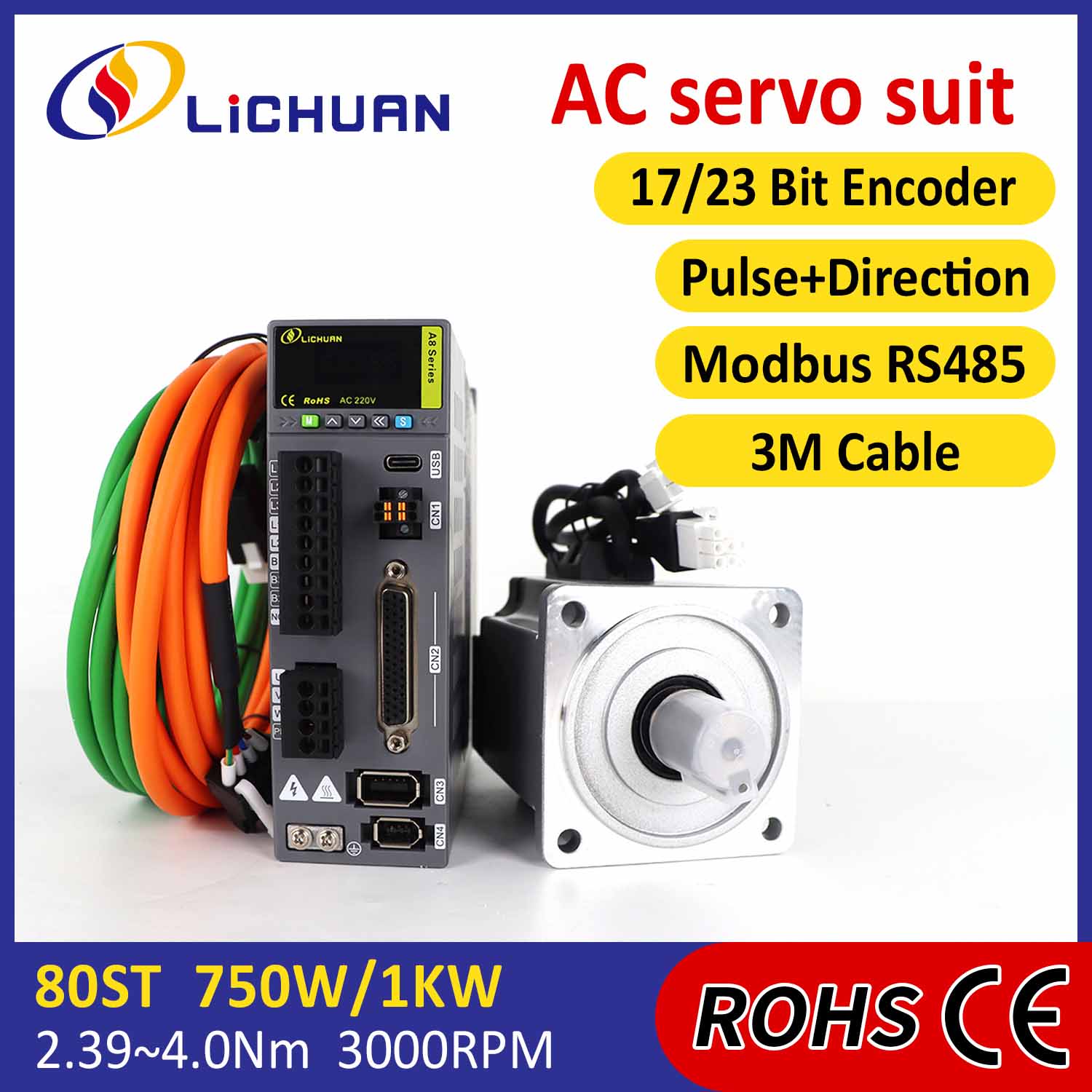 Pulse/RS485 750W/1000W/1001W 2500/3000RPM A8 Υψηλής ακρίβειας STO ABZ AC Servo Motor Drivers Kit